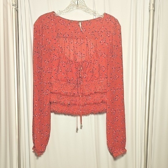 Free People Tops - Free People Womens Tied Square Keyhole Neckline Red Floral Polyester Blouse M